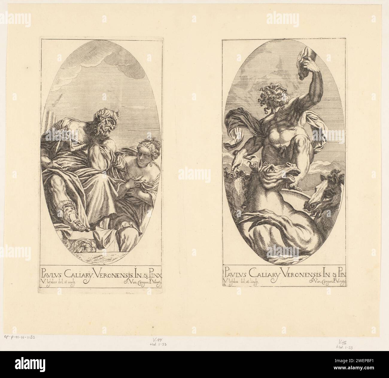 Janus and Juno / Neptunus on his car, Valentin Lefèbvre, After Giambattista Zelotti, After Giovanni Battista Ponchino, After Paolo Veronese, 1682 print Two performances on a leaf, printed from two plates. Left: Janus and Juno, symbol of the eternal power of Venice. Right: Neptunus on his car, pulled by sea horses. The prints are part of a 53-part series according to paintings by Titian and Veronese.  paper etching (story of) Janus. (story of) Juno (Hera). (story of) Neptune (Poseidon) Stock Photo