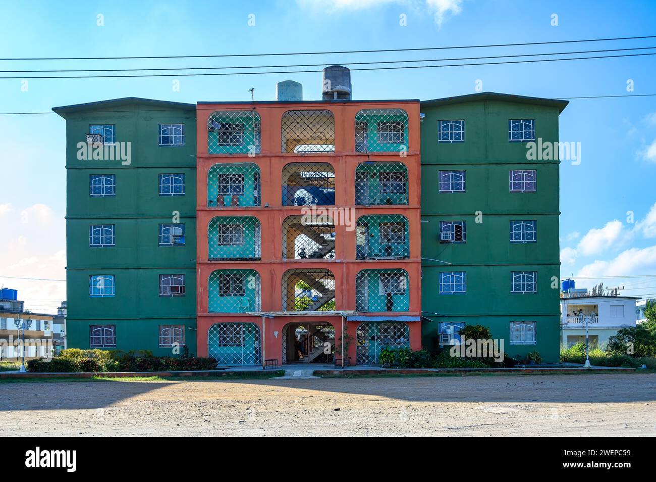 Facade of an apartment building in the Jose Marti district, Santa Clara, Cuba Stock Photo