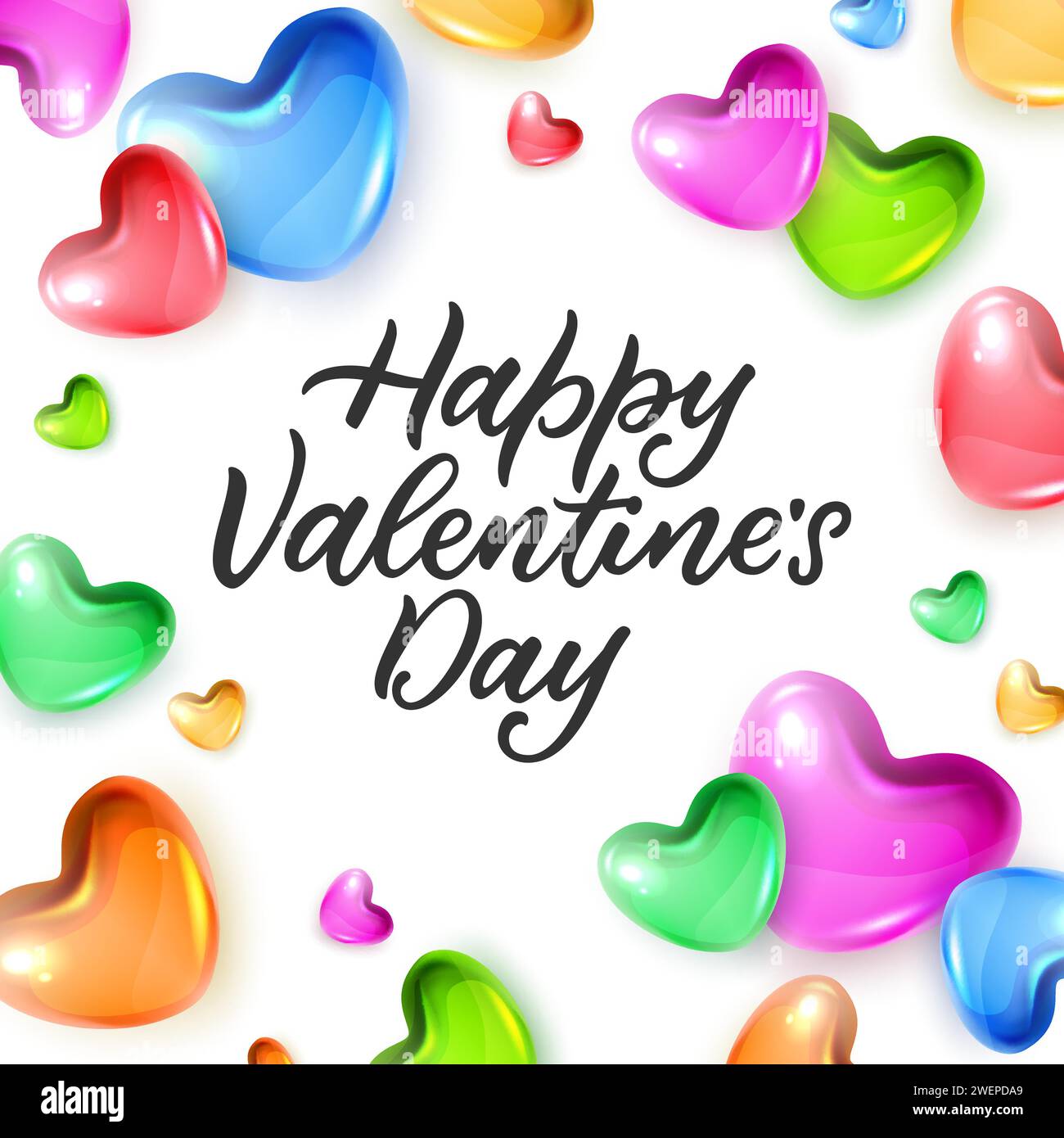 Happy Valentines Day square poster, banner with colorful glass hearts ...
