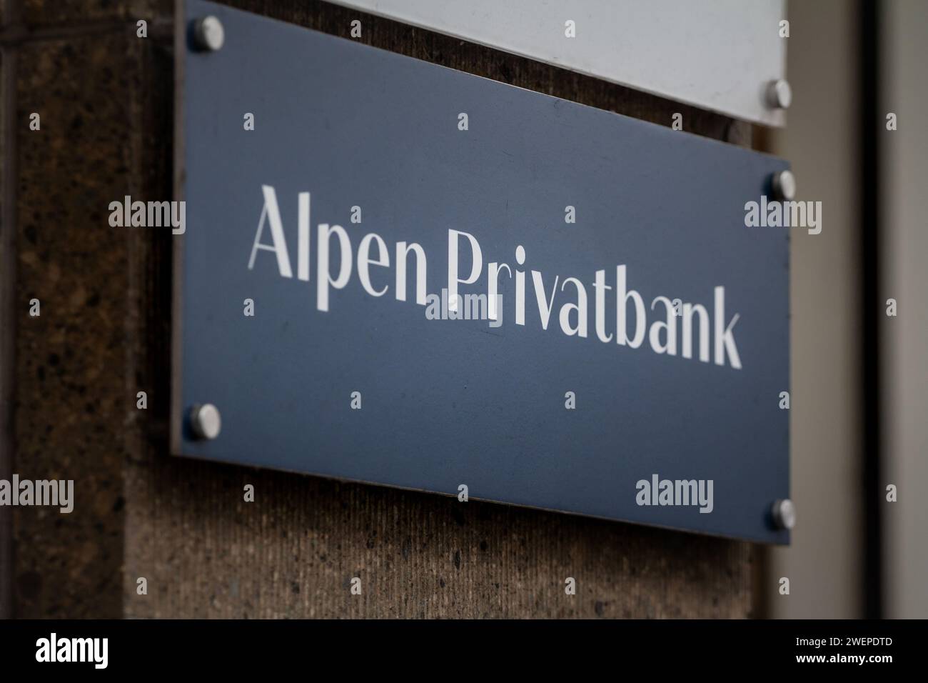 Picture of a sign with the logo of Alpen Privatbank bank on their local office in Dusseldorf, Germany. Alpen Privatbank is a private bank in western A Stock Photo