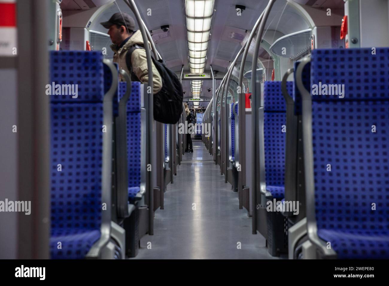 Picture of a typical seat from a European german train, empty, ready for a suburban service in Cologne train station, typical from Europe, in a modern Stock Photo
