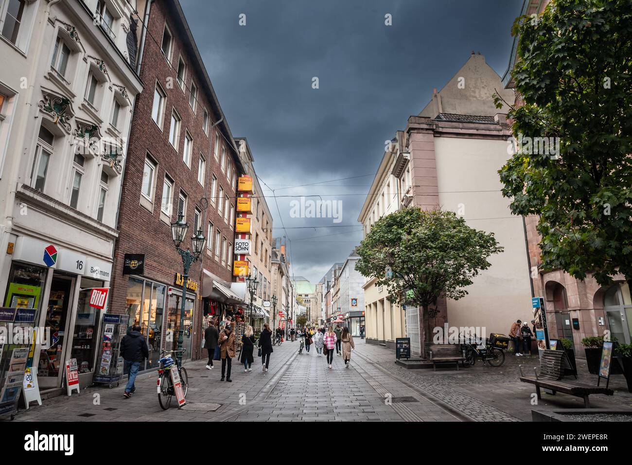 Picture of a pedestrian street of Dusseldorf, Germany, with fast food buildings in the city center. Düsseldorf is a city in western Germany known for Stock Photo