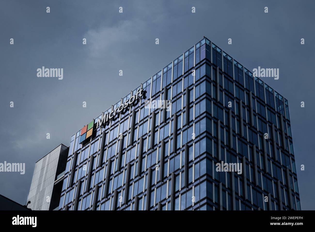 Picture of a sign with the logo of Microsoft on their main office for Serbia in Belgrade. Microsoft Corporation is an American multinational technolog Stock Photo