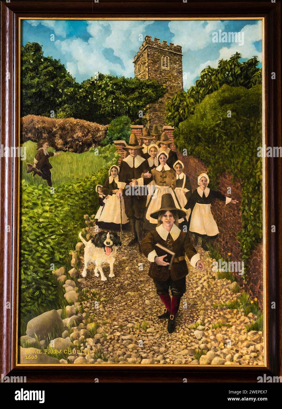 Painting of Roger Conant and his family leaving All Saints Church Stock