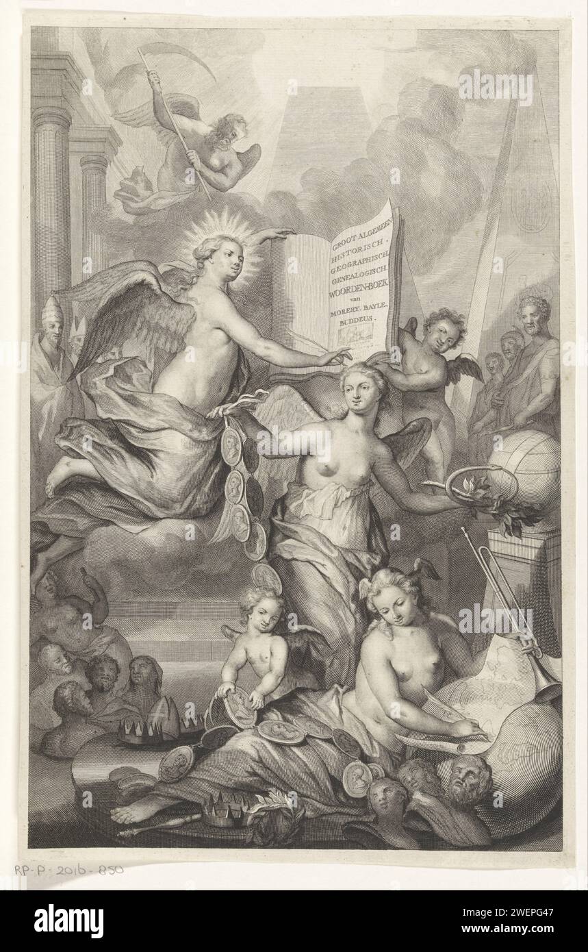 Allegorical representation with fame, eternity and writing, Anonymous, 1725 print Faam is in the foreground and draws a map. She looks at a medal chain with portraits of princes. Eternity in one hand a medailla chain with portraits and in the other hand the sign of infinity, the snake Ouroboros. On the left is writing. She writes everything down in a book on which the title of the book. Various figures from history around them, such as popes and kings. In the background the winged time with a scythe.  paper engraving / etching Hunger; 'Report' '' Fame buona '' 'Fame of Chiara' (Ripa). Eternity Stock Photo