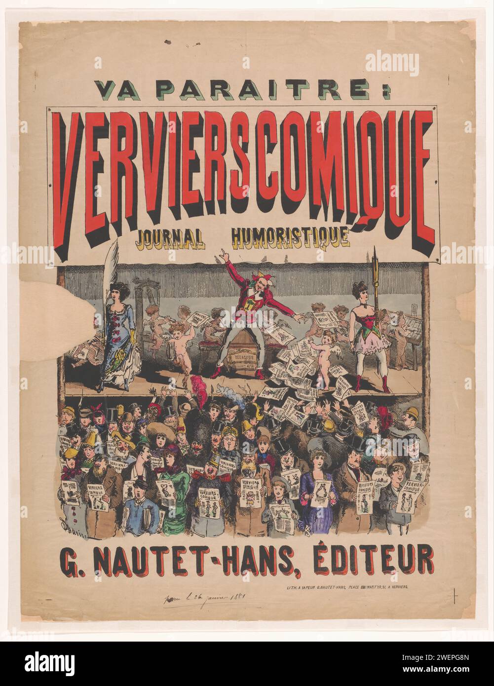 Poster for the magazine Verviers Comique Journal Humoristique, Anonymous, 1881 print. poster On a stage is a man in a fool's costume. To his left is a woman with a life -sized writing spring and a woman with a life -size chalk holder on the right. Putti are involved in writing, putting, printing and distributing the magazine. In front of the stage, a crowd of men and women with copies of the magazine are in their hands.  paper  set, scenery  stage. court jester, court fool. quill. tools, implements of draughtsman. cupids: 'amores', 'amoretti', 'putti'. printing press Stock Photo