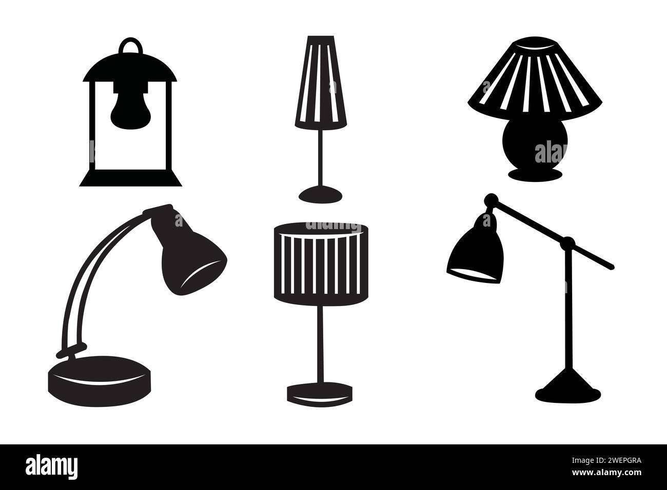 Set of black table lamp icons on white background. Vector illustration