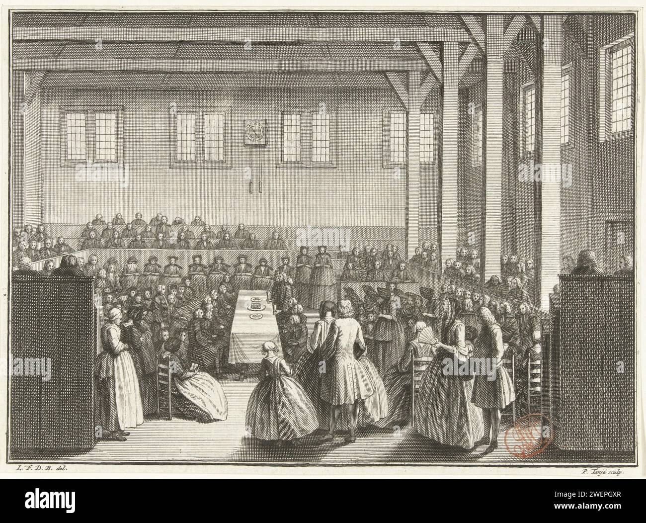 Supper at the Rijnsburg Collegians, ca. 1735, 1734 - 1736 print Supper celebration at the Rijnsburg Collegians, ca. 1735. Church interior with members of the municipality and predecessors to the Supper.  paper etching / engraving Holy Communion  Protestant service Rijnsburg Stock Photo