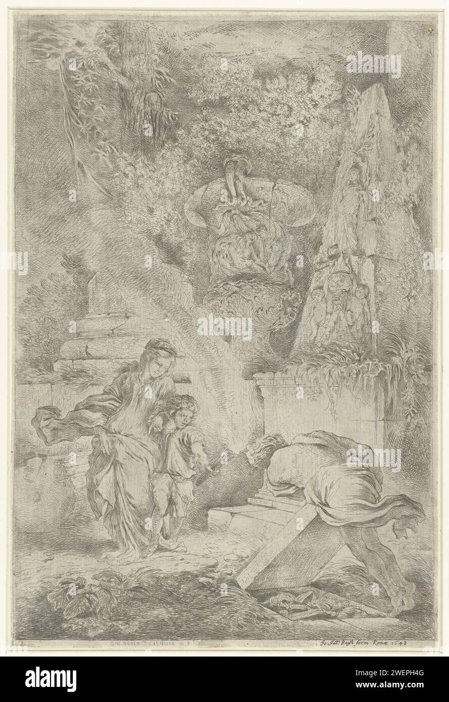 Theseus discovers the weapons of his father, Giovanni Benedetto Castiglione, After Nicolas Poussin, 1645 - 1648 print The Greek hero Thesesus, seen on the back, lifts the stone, including the weapons of his father, King Aegeus, lying hidden. His mother Aethra watches, next to her a boy with a torch.  paper etching Theseus takes the sword and the sandals of his father Aegeus from under the rock; usually in the presence of his mother Aethra Stock Photo