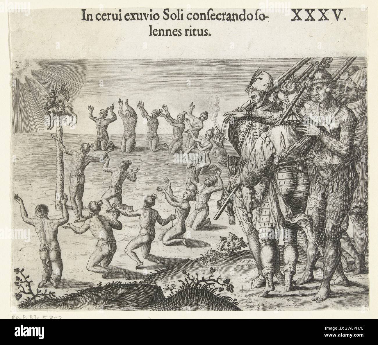 Ritual in which a deer skin is sacrificed to the sun, Theodor de Bry, After, 1591 print The leader of the people shows a group of Europeans a ritual. A deer is sparked on a stick. The animal is decorated with floral wreaths. Men dance in a semicircle around the stick and sing. The image looks a lot like the worship of the Golden Calf in Exodus, where the Jews have now been replaced by a people from Florida, possibly the Utina.  paper engraving / letterpress printing worship and devotion  American Indian religions. sacrifice  American Indian religions. Native peoples of North America Florida Stock Photo