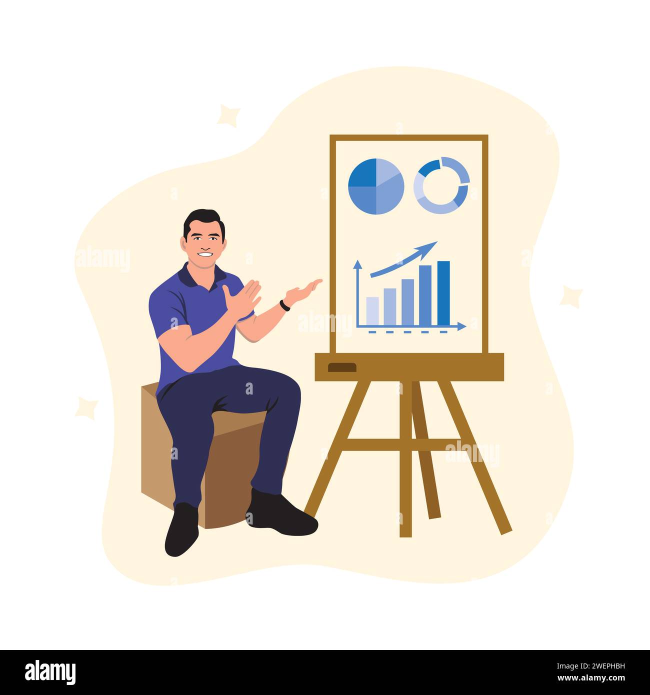 Businessman analyzing financial charts on whiteboard. Vector ...