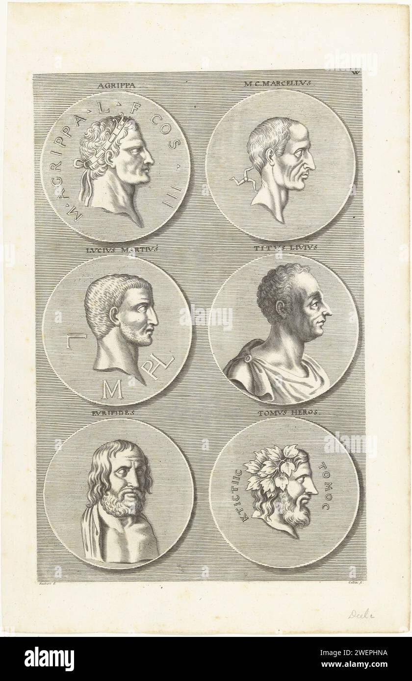 Six coins with famous Romans and Greeks Letter W, Richard Collin, after Joachim von Sandrart (I