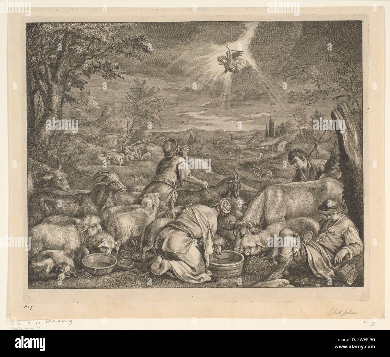 Abraham leaves for Sichem / proclamation to the shepherds, 1646 - 1658 print This print was used to illustrate two different Biblical scenes. First, 'Abraham leaves for Sichem'. Abraham looks at an angel who has appeared in the sky. The angel shows him the way to the city of Sichem, in the Canaan area. Abraham is surrounded by shepherds and a shepherd in a sheep. In the background of the hilly landscape is a village and some shepherds are concerned with their cattle. Secondly, the print is used to illustrate the subject 'The proclamation to the shepherds'.  paper etching / engraving Abraham co Stock Photo