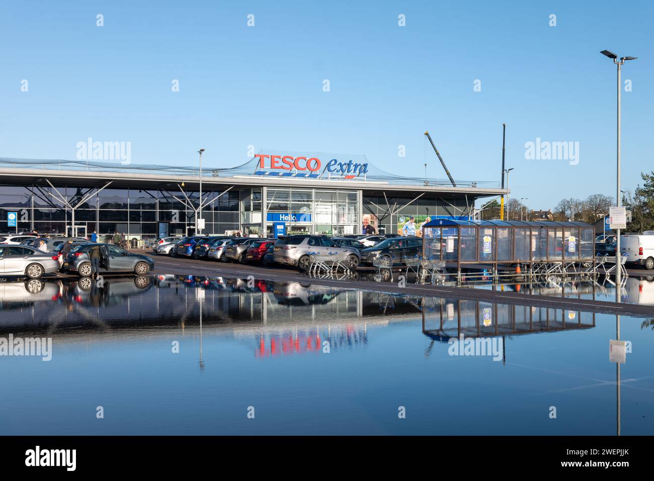 Tesco Extra, Blackfriars Road, Elgin, Moray, UK. 26th Jan, 2024. This is the car park area of Tesco Extra in Elgin following torrential rain overnight in the area. Credit: JASPERIMAGE/Alamy Live News Stock Photo