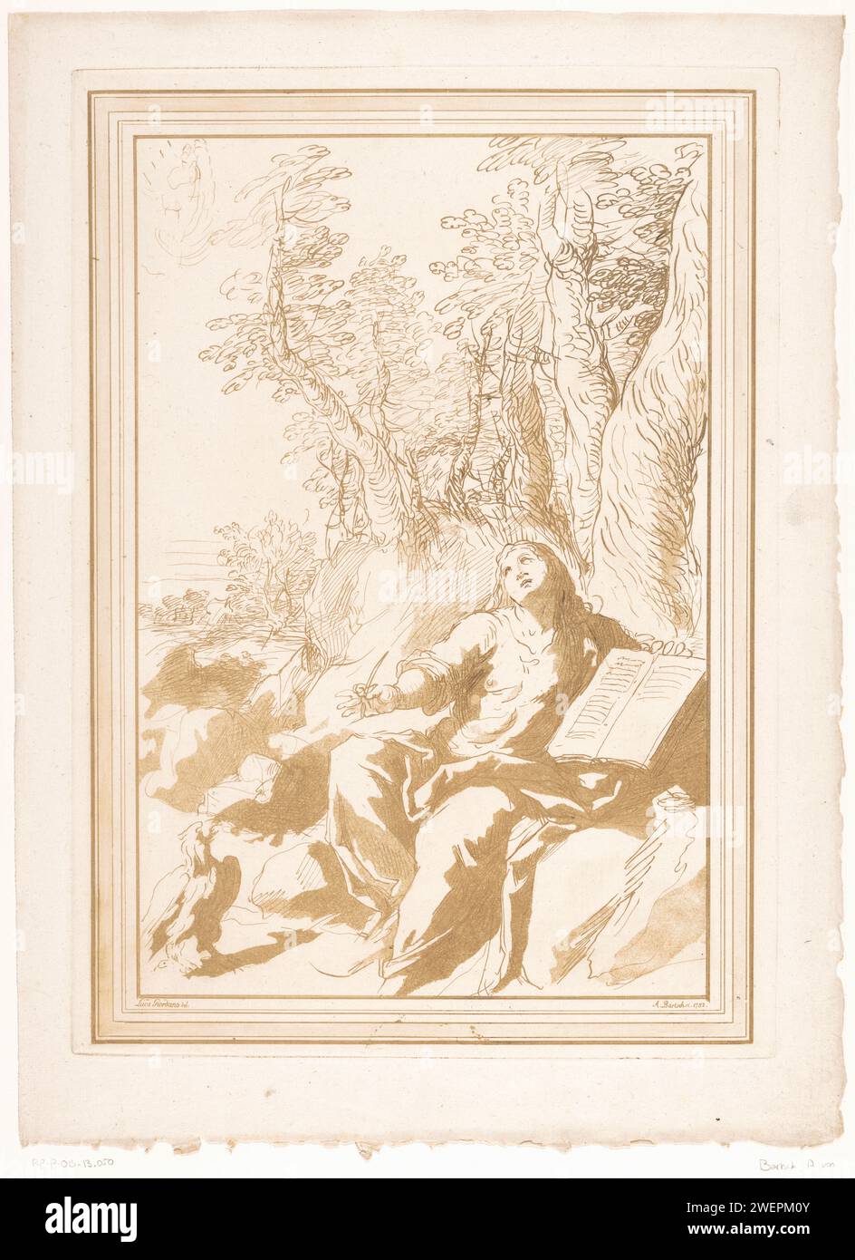 Johannes de Evangelist OP Patmos, Adam von Bartsch, After Jacopo Palma (the young), after Luca Giordano, 1782 print   paper etching John (writing) on the island of Patmos, possibly the eagle beside him Stock Photo