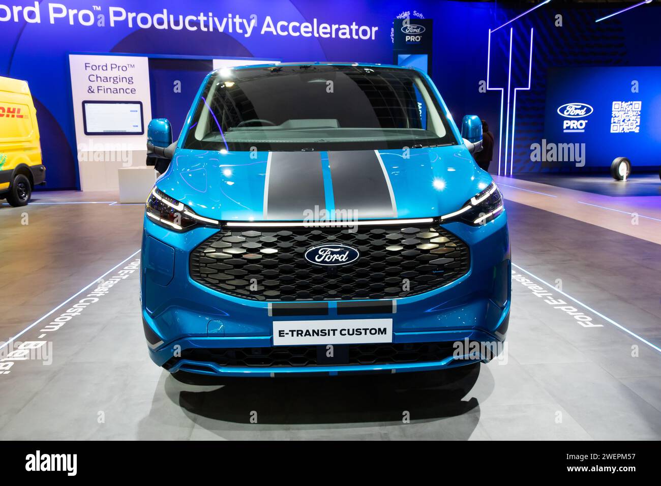 Ford E-Transit Custom EV van at the Brussels Autosalon European Motor Show. Brussels, Belgium - January 13, 2023. Stock Photo