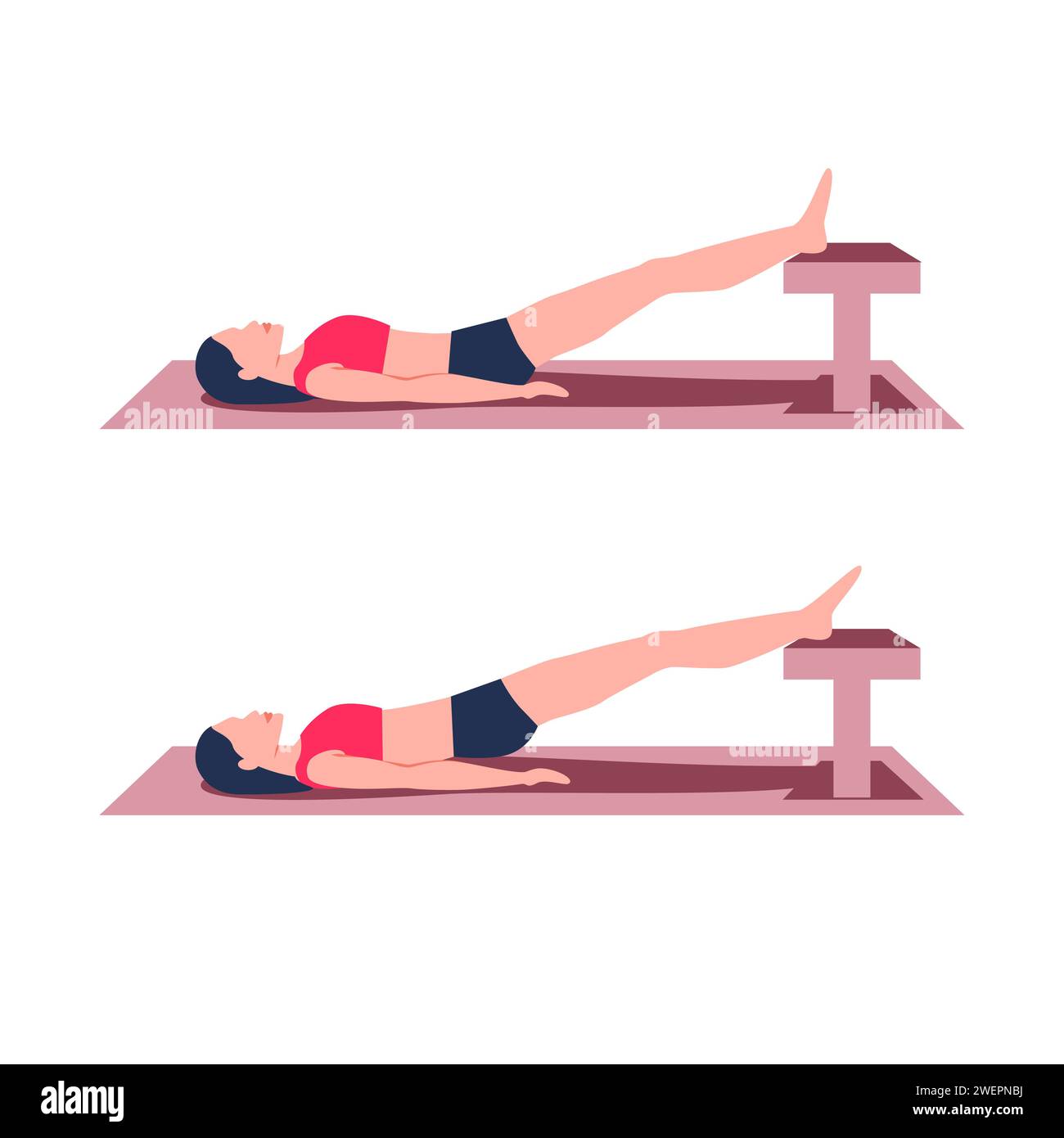 Pelvic lift feet on bench exercise educational scheme infographic. Woman makes hip thrust for strength gluteal and hamstrings muscles. Lower back pain relief workout. Vector illustration. Stock Vector