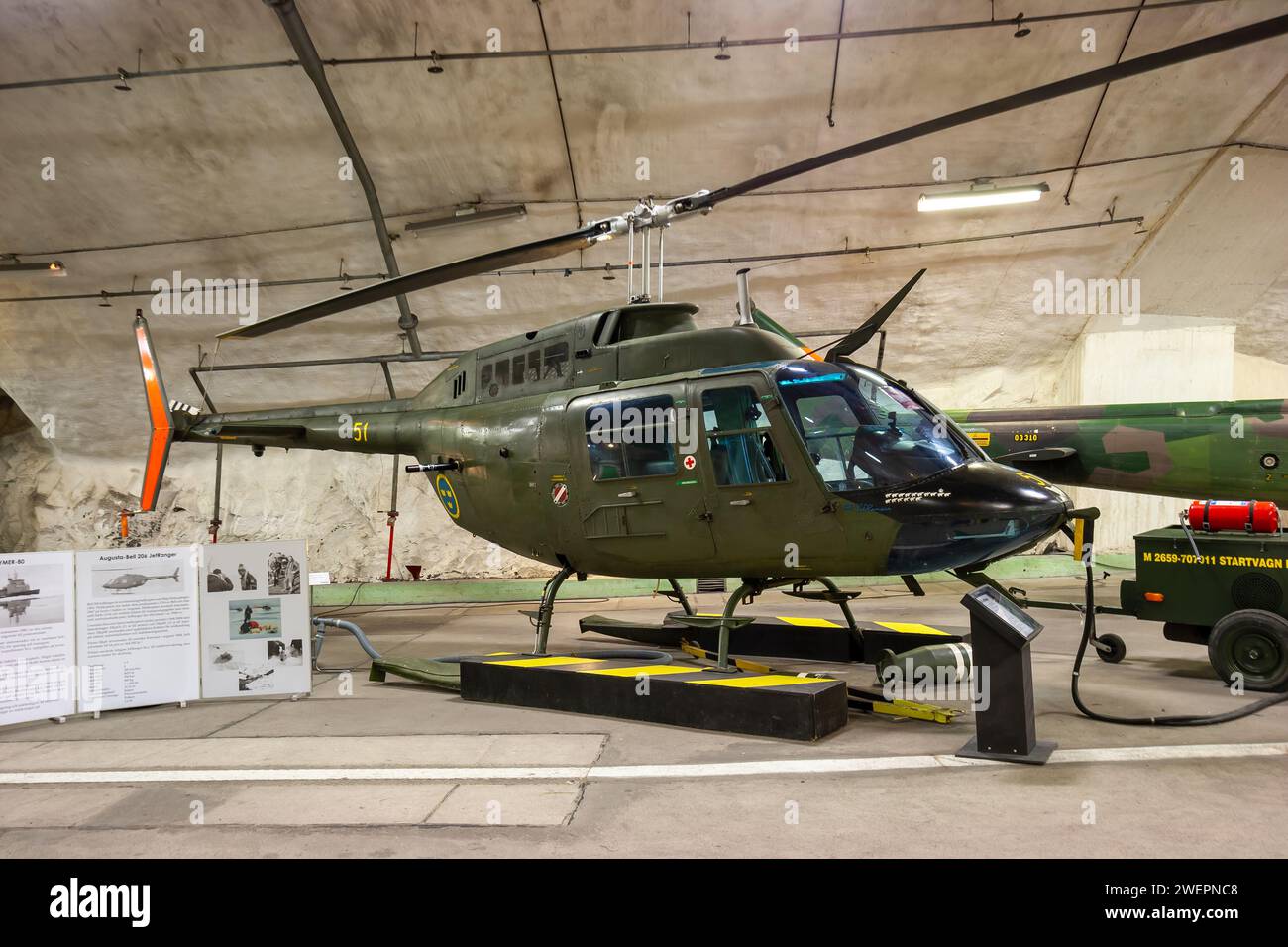 Swedish Air Force Agusta Bell206B (Hkp-6B) helicopter inside Aeroseum, a declassified Swedish Air Force bunker carved out of solid rock. Gothenburg, S Stock Photo