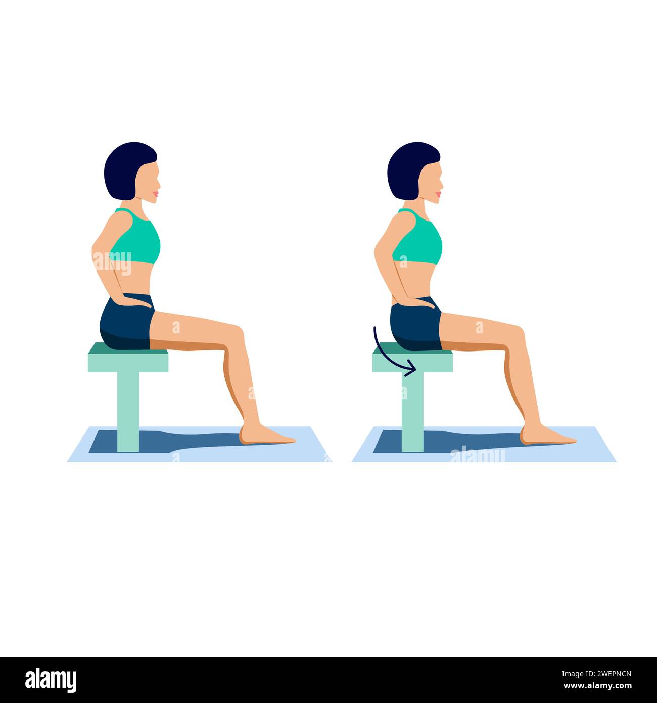 Pelvic rotation exercise for reduce lumbar lordosis and anterior pelvic tilt. Lower back problem workout. Woman training educational scheme for physiotherapist, brochure. Vector illustration. Stock Vector