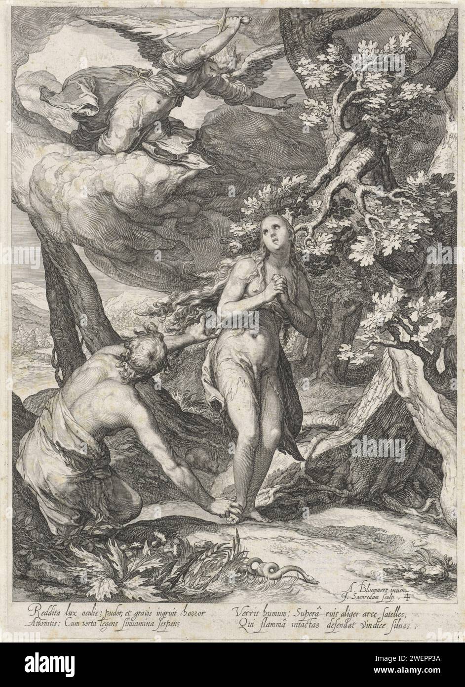 Expulsion from Paradise, Jan Saenredam, after Abraham Bloemaert, 1604 print Adam and Eva are driven out by the angel with the flaming sword from earthly paradise. The snake crawls next to them.  paper engraving expulsion of Adam and Eve from paradise (Genesis 3:22-24) Stock Photo