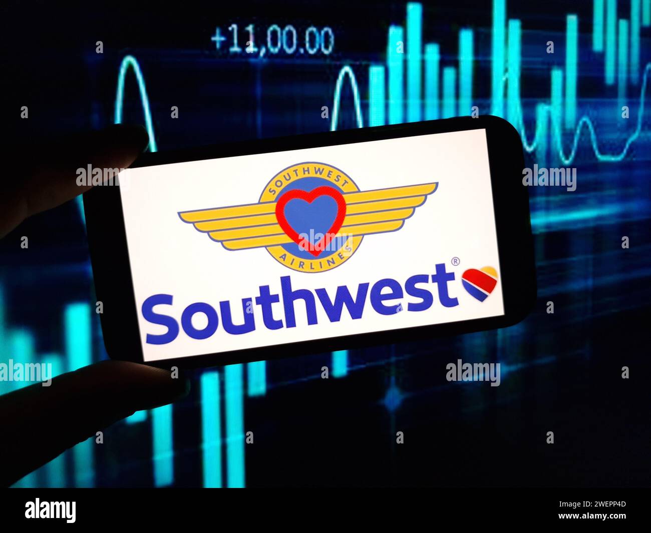 Konskie, Poland - January 25, 2024: Southwest Airlines company logo displayed on mobile phone screen Stock Photo