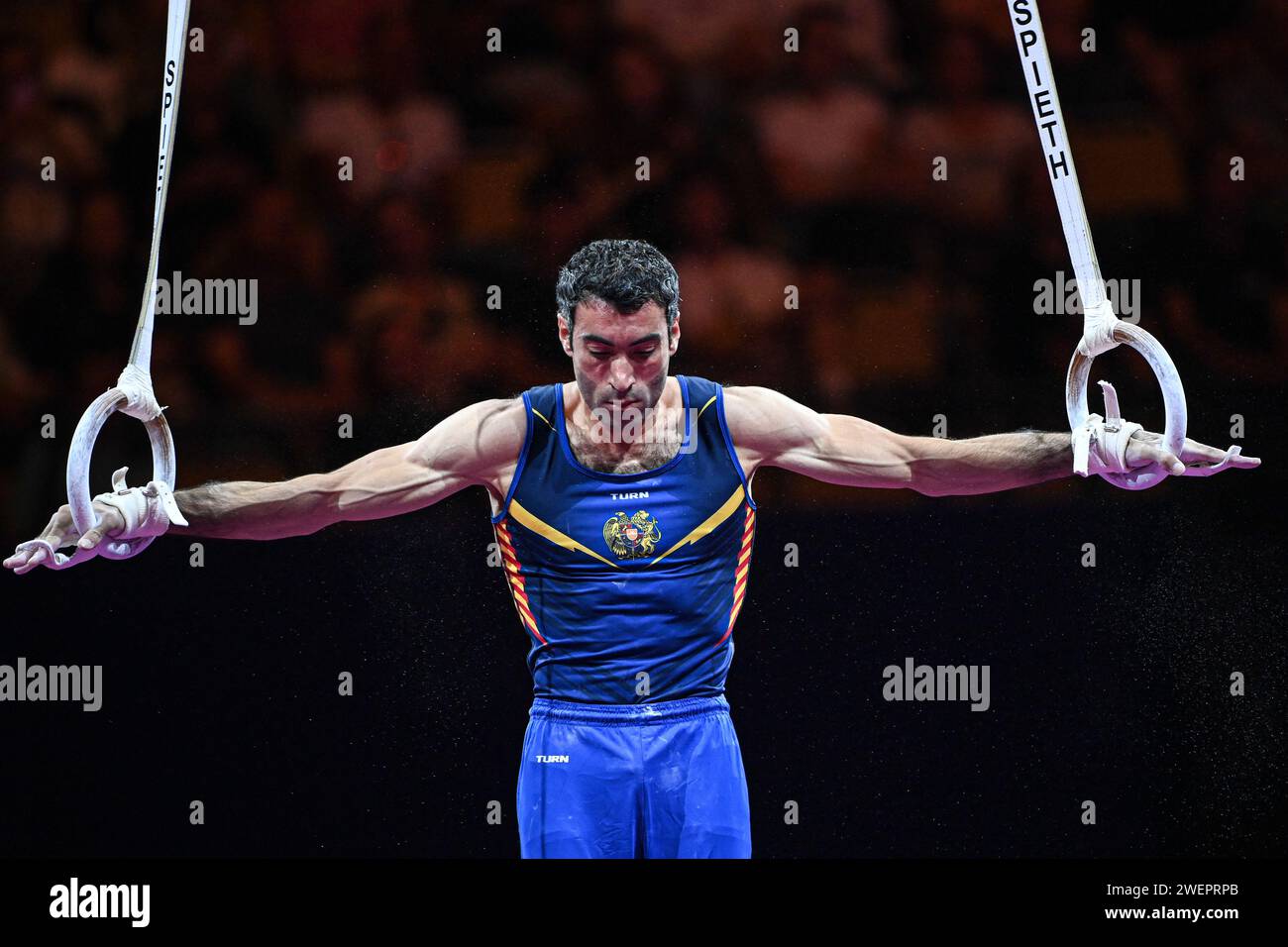 Vahagn Davtyan (Armenia). European Championships Munich 2022: Artistic Gymnastics, Rings Men's Final. Stock Photo