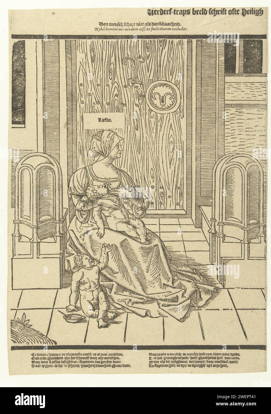 Man is grateful, Anonymous, 1520 - 1560 print One of eight moralizing spells. Love with two children, one in chest, sitting in front of a door. Text under print.  paper  proverbs, sayings, etc.. Love personified Stock Photo