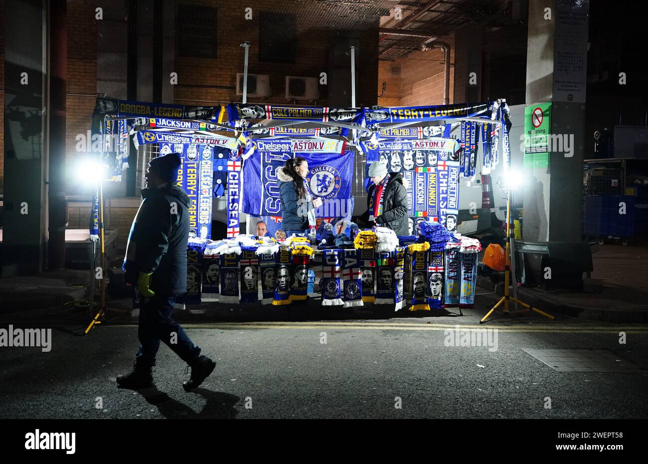 Scarf sellers outside the ground ahead of the Emirates FA Cup fourth round match at Stamford Bridge, London. Picture date: Friday January 26, 2024. Stock Photo