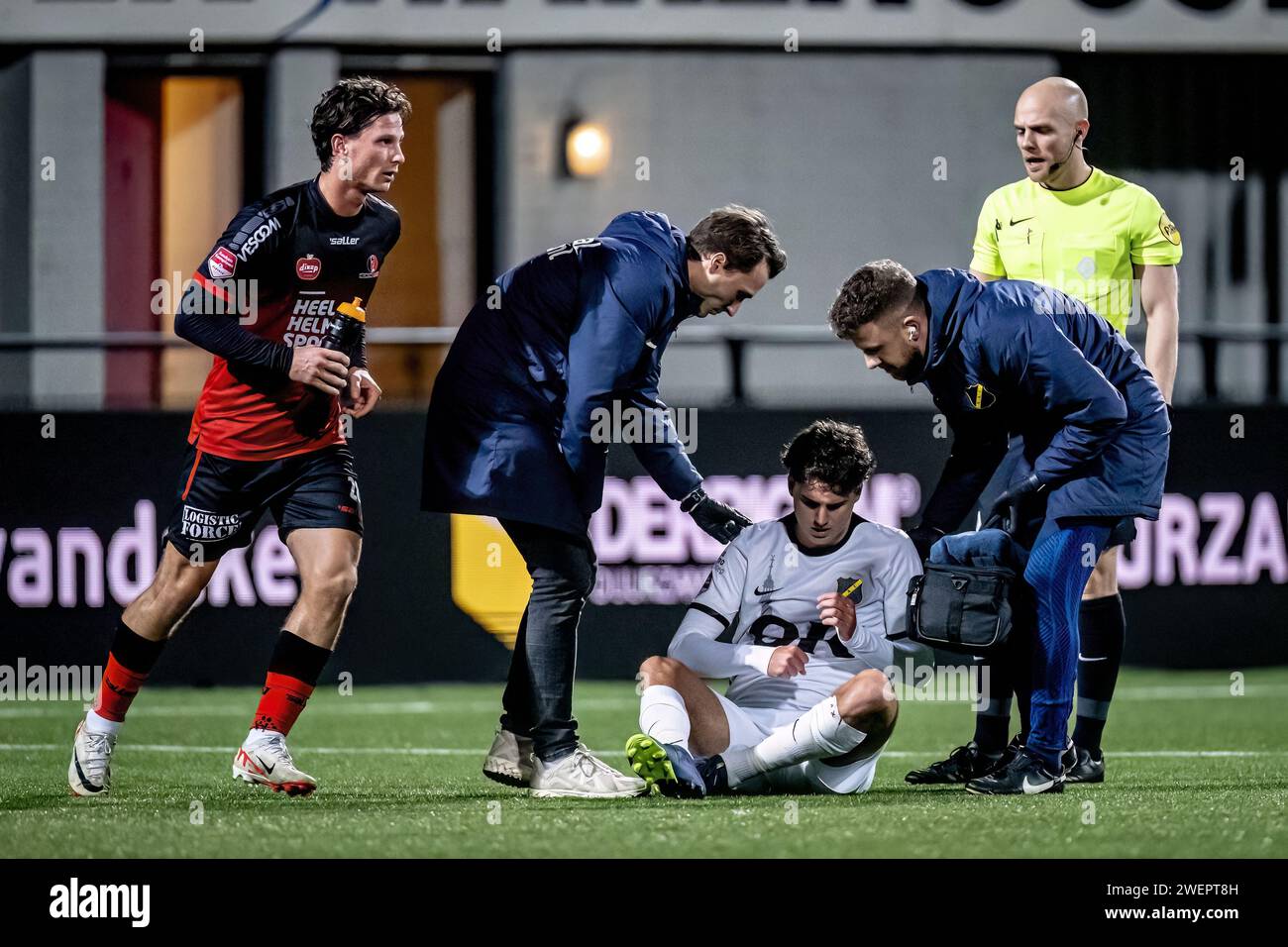 HELMOND, Netherlands. 26th Jan, 2024. football, season 2023/2024, during the match Helmond Sport - NAC, NAC player Matthew Garbett gets injured Credit: Pro Shots/Alamy Live News Stock Photo