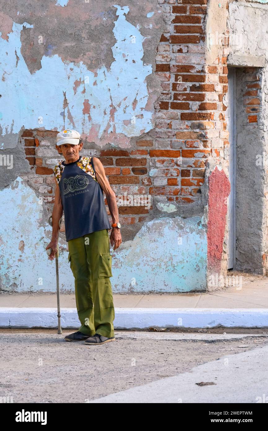Senior man with walking cane, Santa Clara, Cuba Stock Photo