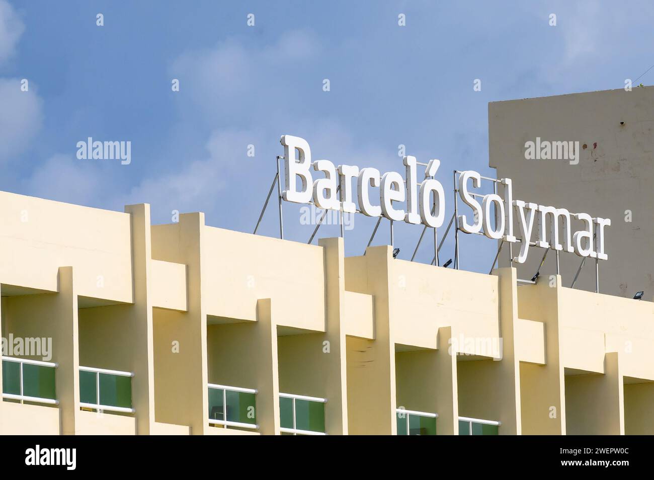 Business sign of Barcelo Solymar hotel or resort in Varadero, Cuba Stock Photo