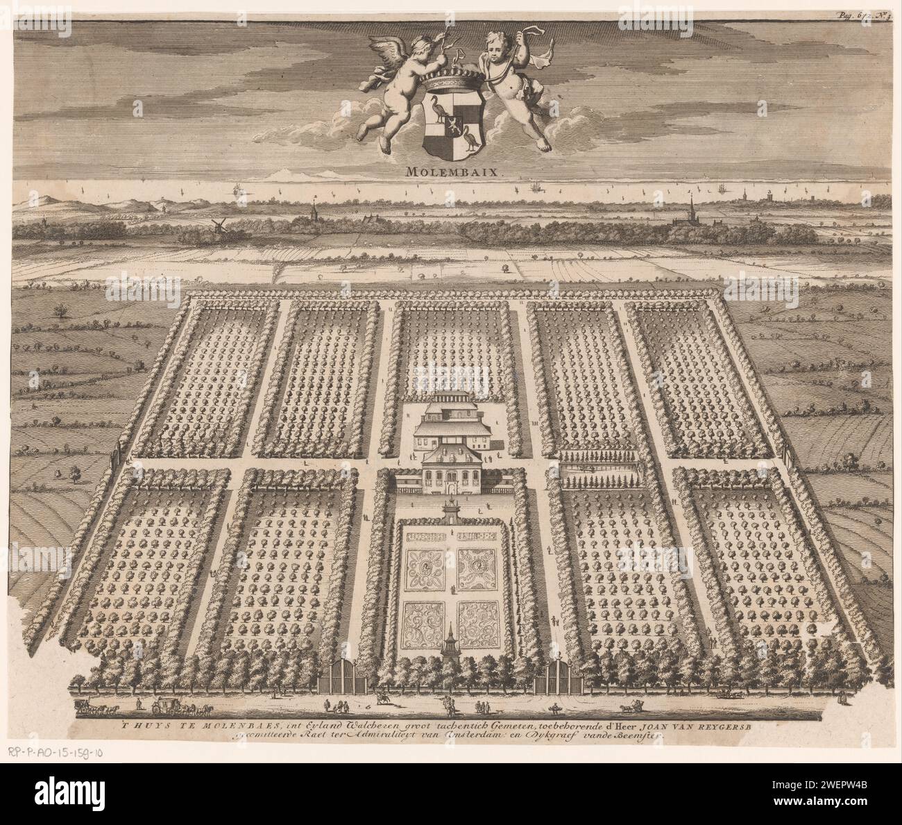 View of the Buitenplaats Molembaix, Anonymous, 1696 print View of the Molembaix country estate near Grijpskerke on Walcheren, in a nutshell perspective. In the middle the house and around the gardens and orchards. At the top in the middle two putti with the weapon of Johan van Reygersberge, owner of this country estate. Numbered at the top right: p. 672. No. 3.  paper etching / engraving country-house. garden. French or architectonic garden; formal garden. gate, entrance. armorial bearing, heraldry. orchard Molduix Stock Photo