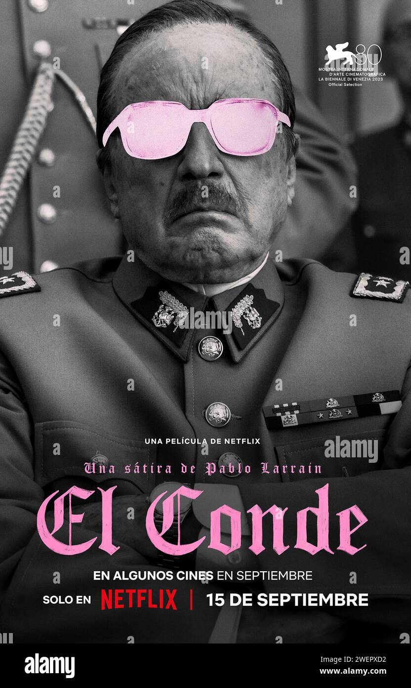 El Conde (2023) directed by Pablo Larraín and starring Jaime Vadell, Gloria Münchmeyer and Alfredo Castro. After living 250 years in this world, Augusto Pinochet, who is not dead but an aged vampire, decides to die once and for all. US one sheet poster ***EDITORIAL USE ONLY***. Credit: BFA / Neon Stock Photo