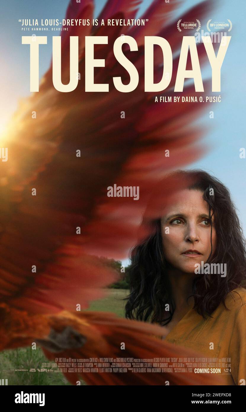 Tuesday (2023) directed by Daina Oniunas-Pusic and starring Arinzé Kene, Lola Petticrew and Julia Louis-Dreyfus. A mother and her teenage daughter must confront Death when it arrives in the form of an astonishing talking bird. US one sheet poster ***EDITORIAL USE ONLY***. Credit: BFA / Neon Stock Photo