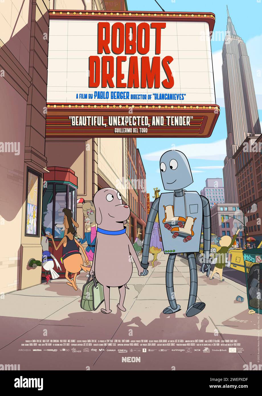 Robot Dreams (2023) directed by Pablo Berger and starring Ivan Labanda, Tito Trifol and Rafa Calvo. Based on Sara Varon's graphic novel about the adventures and misfortunes of Dog  and Robot in New York City during the 1980s. US one sheet poster ***EDITORIAL USE ONLY***. Credit: BFA / Neon Stock Photo