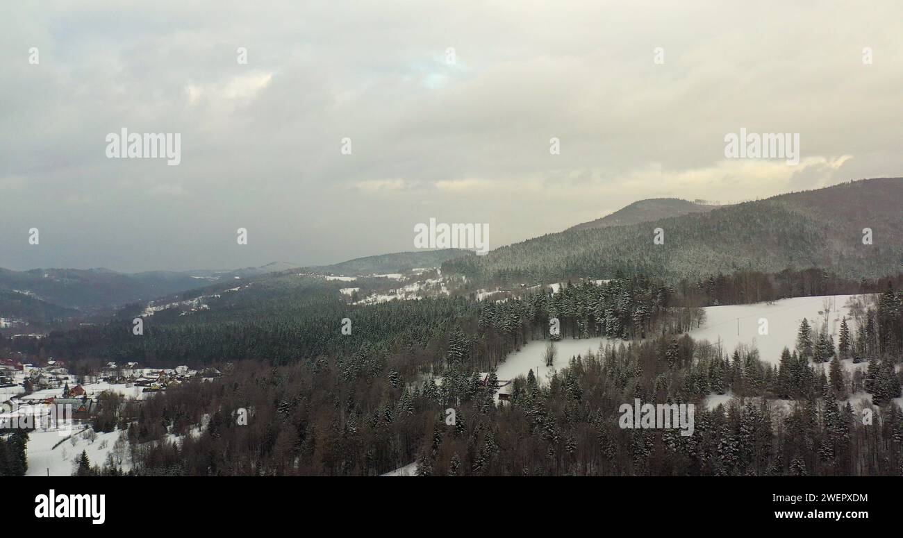 forest covered with snow aerial view. Aerial View of Village in ...