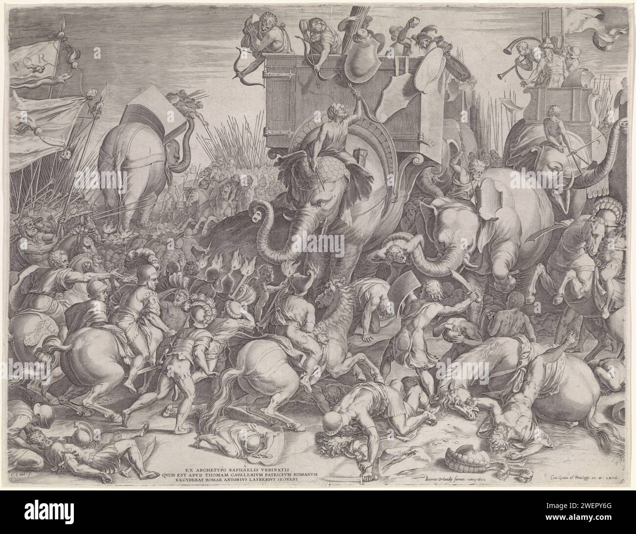 Battle of Zama between Scipio and Hannibal, Cornelis Cort, After Giulio Romano, 1567 - 1602 print Battle between Rome and Carthage, led by Scipio and Hannibal. The Carthagen army runs on elephants, the Romans are on foot and on horseback, but can eventually beat Carthage.  paper engraving (story of) P. Cornelius Scipio Africanus Major. Hannibal crosses the Alps with his army and his elephants. trunked animals: elephant. battle Stock Photo