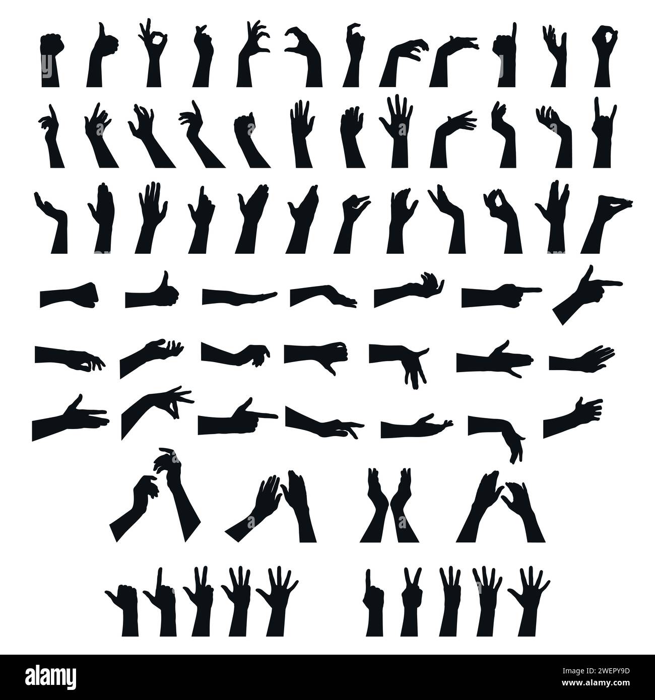 Hand gestures silhouettes collection. Big set of different hand gestures. Vector illustration Stock Vector