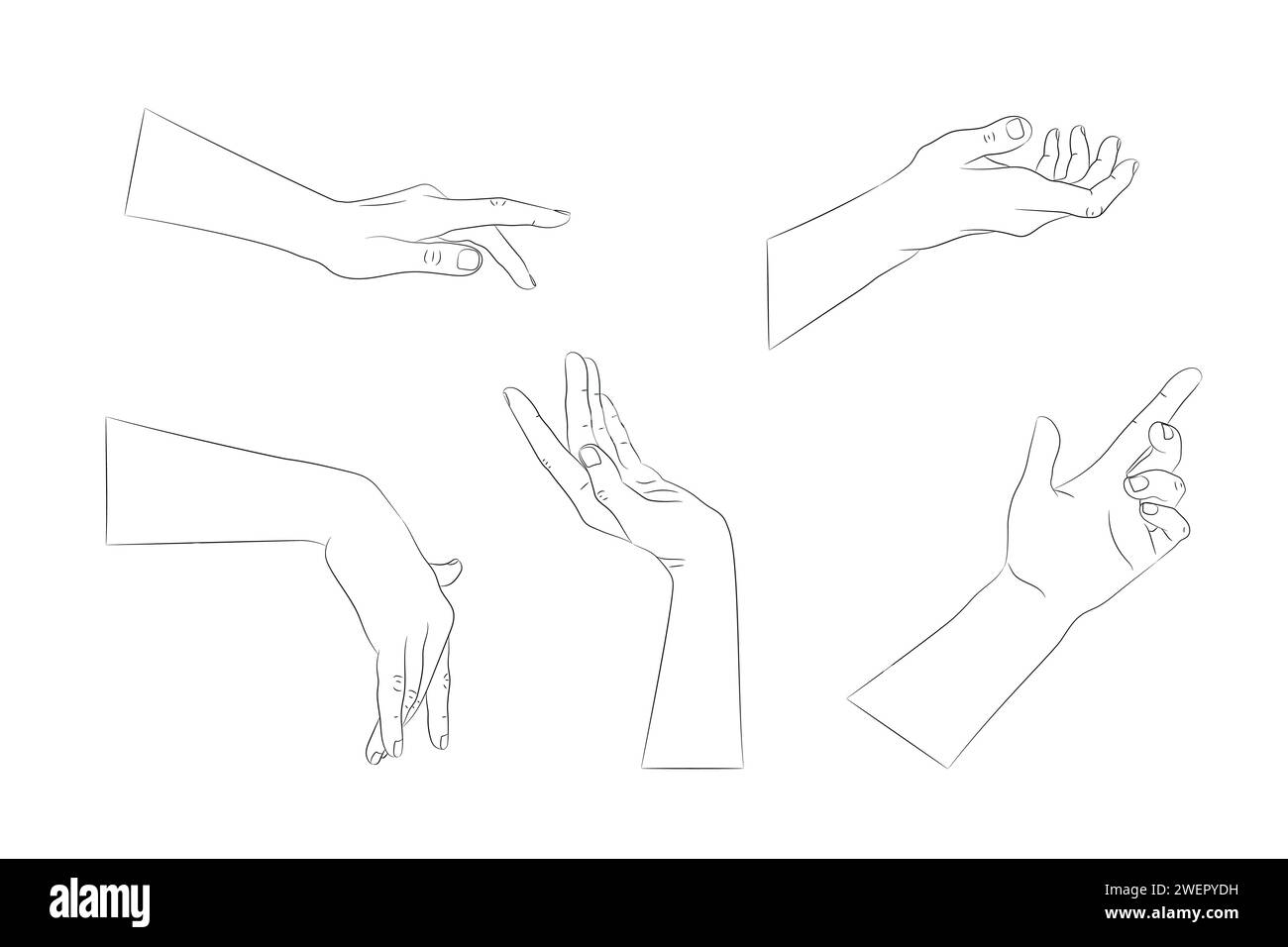 Set of hand drawn human hands with different gestures. Hand outline with an empty contour. Vector illustration Stock Vector