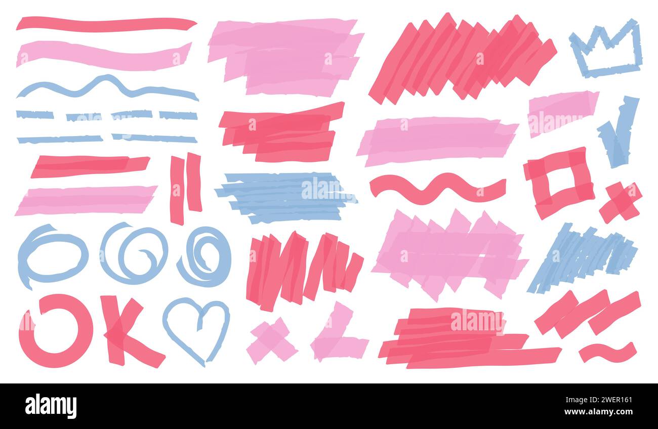 Multicolored highlight brush underlines. isolated elements. Stock Vector