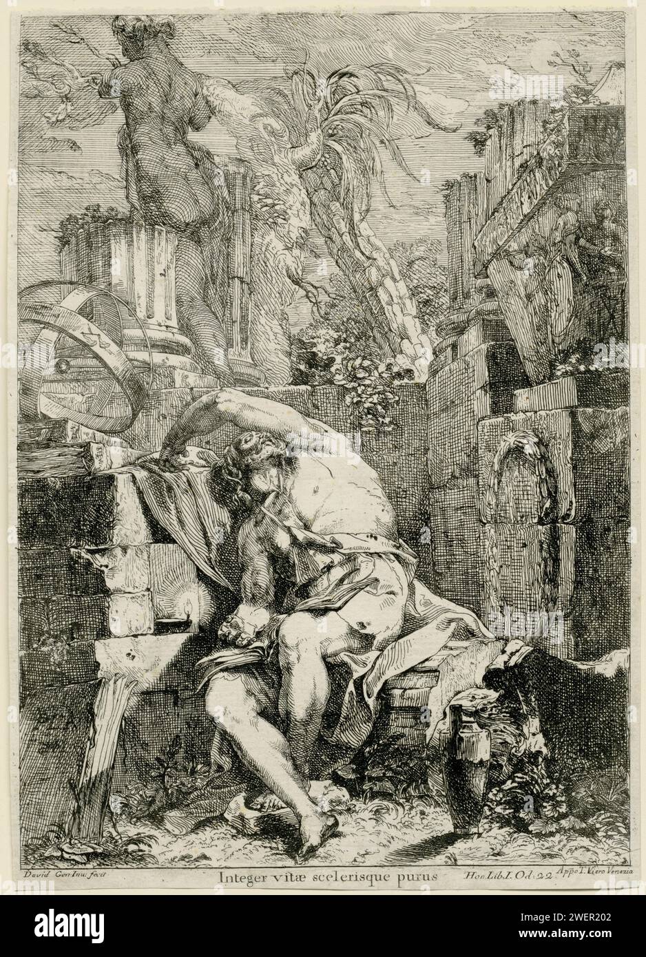 The sleeping philosopher Democritus, 1775 print In the midst of antique debris, animal skulls and semi -dead trees, the ancient philosopher Democritus of Abdera sleeps. Next to him are an oil lamp and a sky slobe. He is in the traditional attitude of the personification of sleep and the night: the arm bent over the head. With inscription derived from the preamble of an ode to Horatius: Integer Vitae Scelerisque Purus (HOR: Lib. I. Od: 22), who refers to a right -handed walk of life, free of sins.  paper etching (story of) Democritus, the philosopher. sleeping on the ground. scholar, philosophe Stock Photo