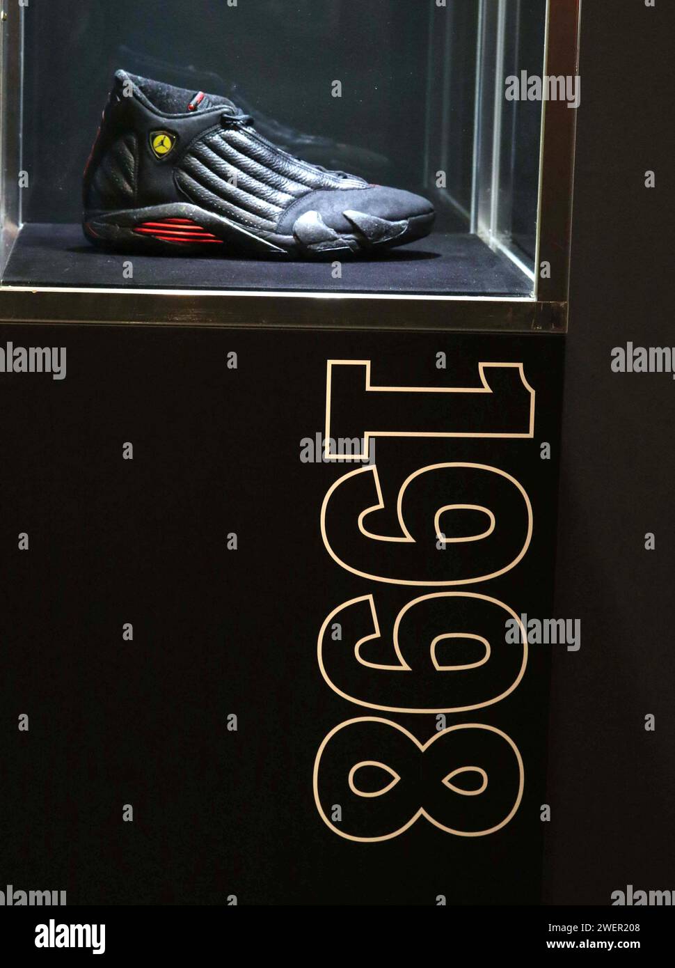 New York, New York, USA. 26th Jan, 2024. Air Jordan XIV (1998) sneaker from ''˜The Dynasty Collection', a set of 6 Michael Jordan ''˜Championship Clinching' Game Worn Air Jordan Sneakers with an estimate of $7 - 10 Million held at Sotheby's New York. The sneakers were giving to Tim Hallam, a public relations executive for the Chicago Bulls who had been with the team since 1978. (Credit Image: © Nancy Kaszerman/ZUMA Press Wire) EDITORIAL USAGE ONLY! Not for Commercial USAGE! Credit: ZUMA Press, Inc./Alamy Live News Stock Photo