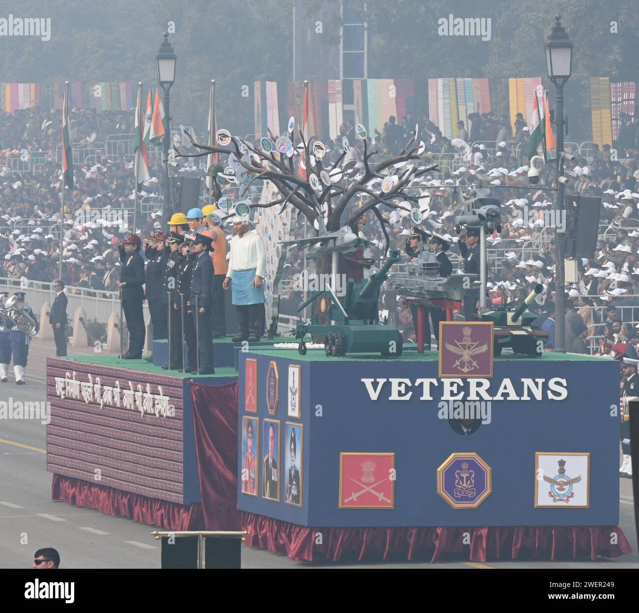 NEW DELHI, INDIA - JANUARY 26: Navy Veterans Tableau display during the  75th Republic Day celebration Function at the Kartavya Path on January 26,  2024 in New Delhi, India. India gears up