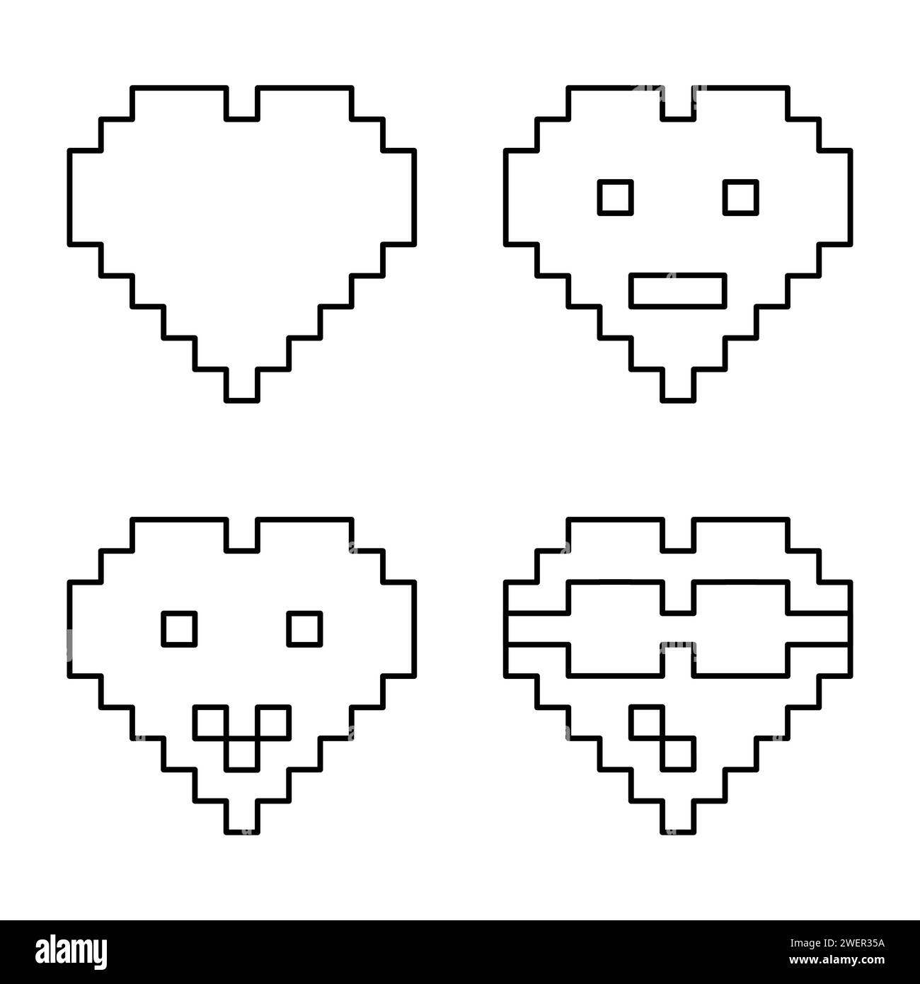 Set of different hearts emoticon or emoji in pixel art style, vector ...