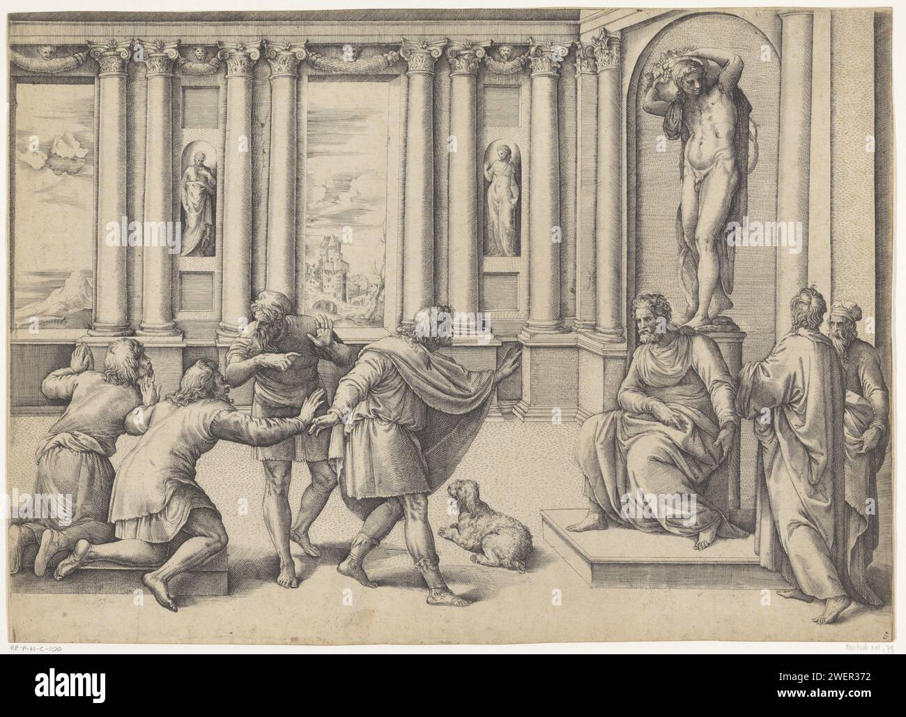 Men on audience, Battista Franco, 1520 - 1561 print View in a palace ...