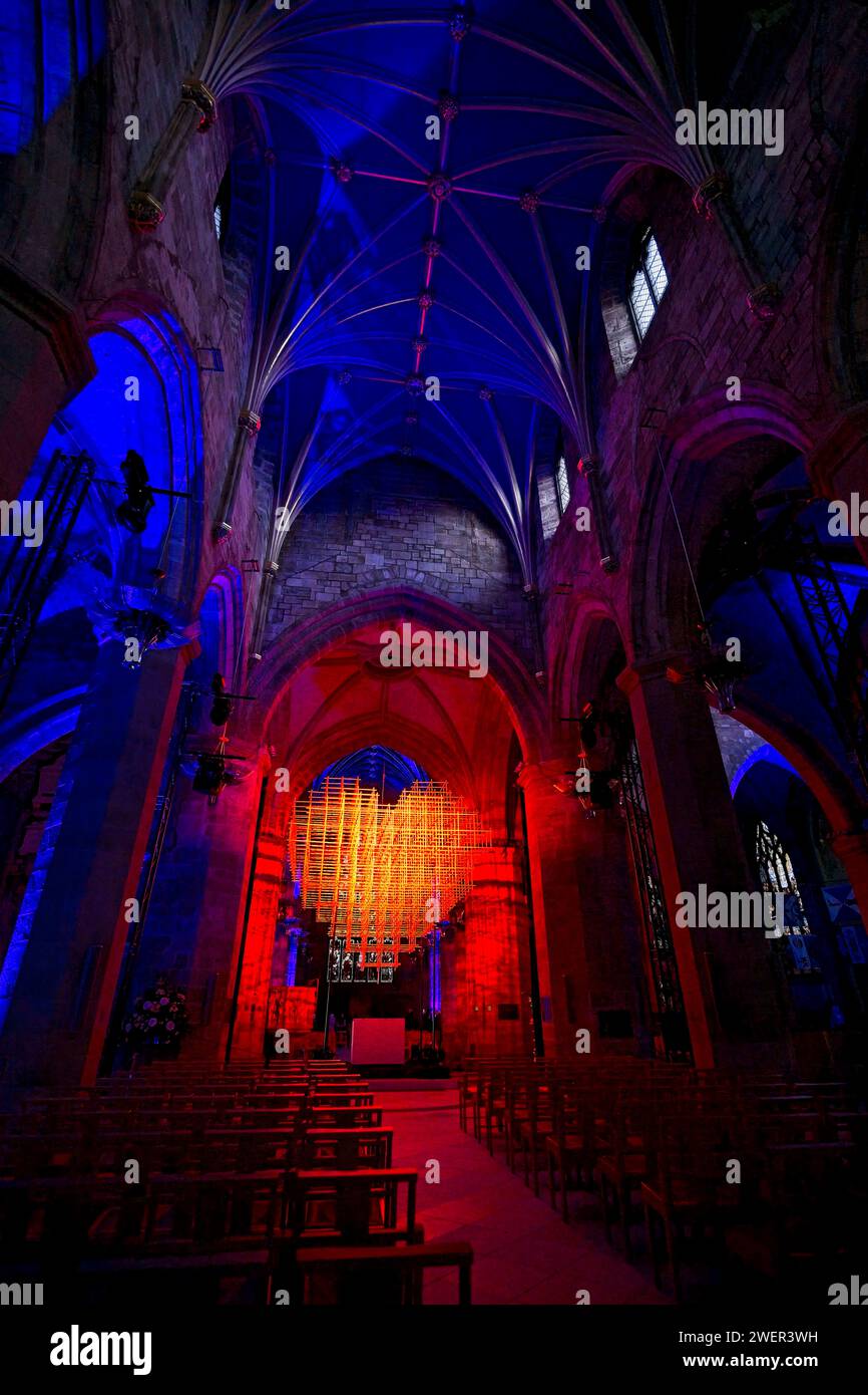 Edinburgh, Scotland. Friday 26th January, 2024. HEART. Michael PendryÕs HEART is a new, three-dimensional, five-metre tall work that represents the human heart. HEART makes its UK debut at St. GilesÕ Cathedral in the heart of Edinburgh this weekend, as part of the cityÕs Burns & Beyond Festival and St GilesÕ 900th, the anniversary of the founding of the Cathedral. HEART changes, pulsates, throbs, burns and sometimes bleeds. from Friday 26 January to Sunday 11 February 2024. Credit: Brian Anderson/Alamy Live News Stock Photo