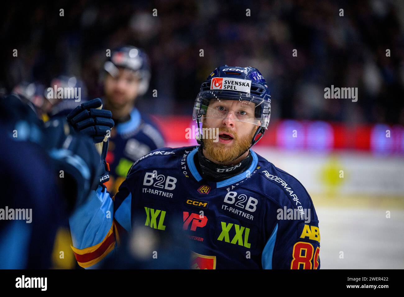 STOCKHOLM 2024-01-26 Djurgårdens Linus Klasen jublar efter att ha gjort 1-0  under fredagens match i Hockeyallsvenskan mellan Djurgårdens IF och Brynäs IF på Hovet.Foto Jonas von Hofsten / TT kod 11577 ***BETALBILD*** Stock Photo