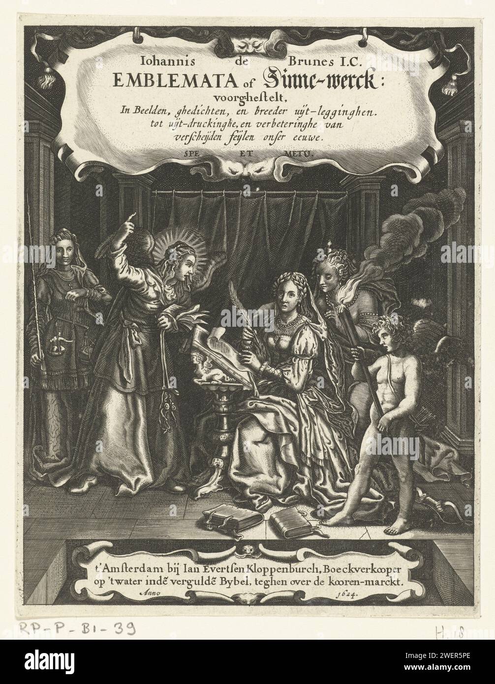 Title page for Emblemata or Zinne-Werck by Johannes de Brune, Willem Outgertsz. Akersloot, 1624 print Four women in a dark room accompanied by Amor who lit the room with a torch. One of the women is writing a desk, another looks over her shoulder. The third woman with a jet wreath around her head and wings, in her hand a book and a horse -tetoma, the sitting woman tells something excited. The fourth woman, with a palm branch and a scale, is waiting for her turn.  paper engraving Abstract Ideas and Concepts (+ emblematical representation of concept). (story of) Cupid, Amor (Eros). title-page Stock Photo