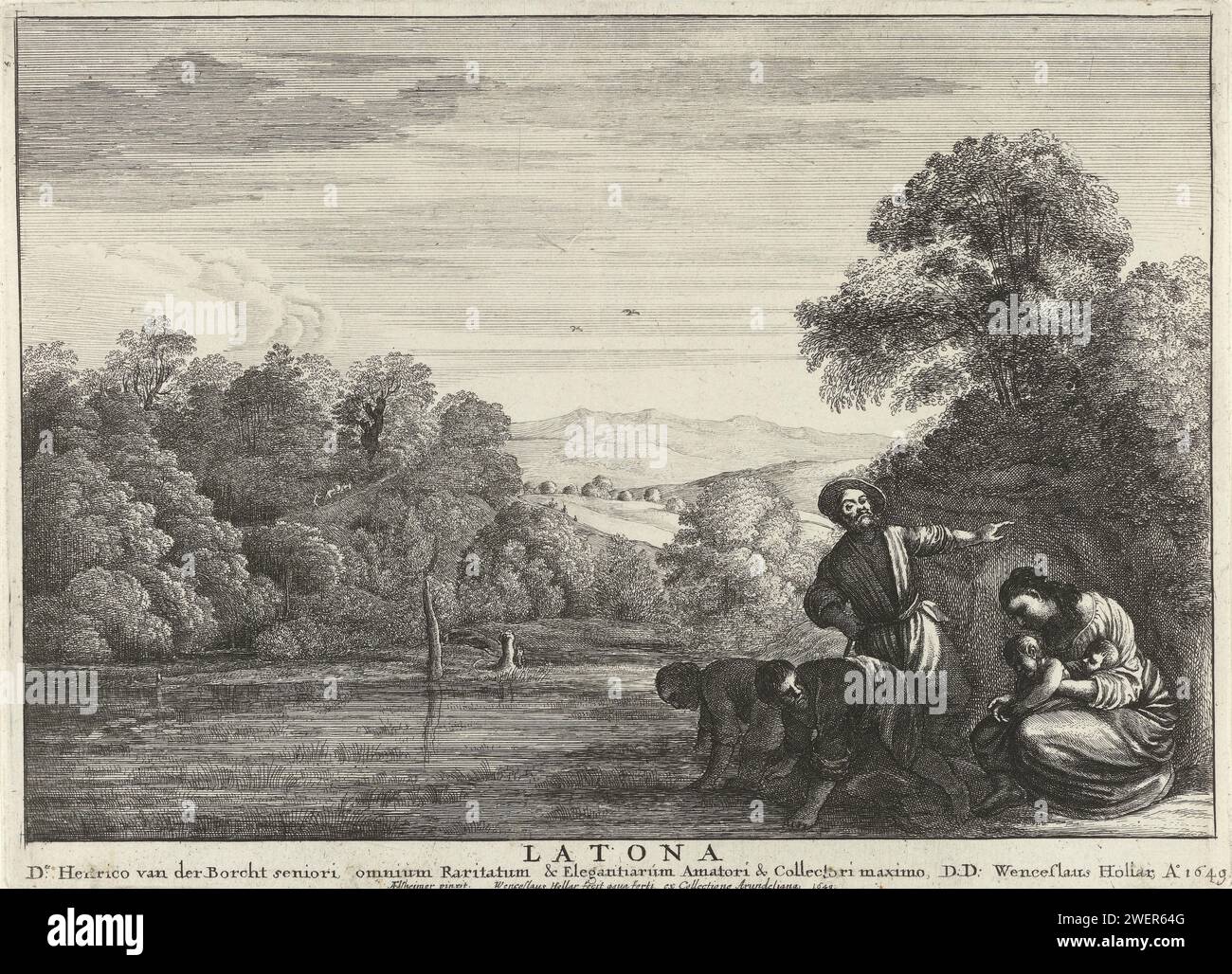 Latona, Wenceslaus Hollar, after Adam Elsheimer, 1649 print Latona with her twins Apollo and Diana.  paper etching Latona (Leto). birth of Apollo: Latona gives birth to Apollo and Diana on the island of Delos (+ variant) Stock Photo