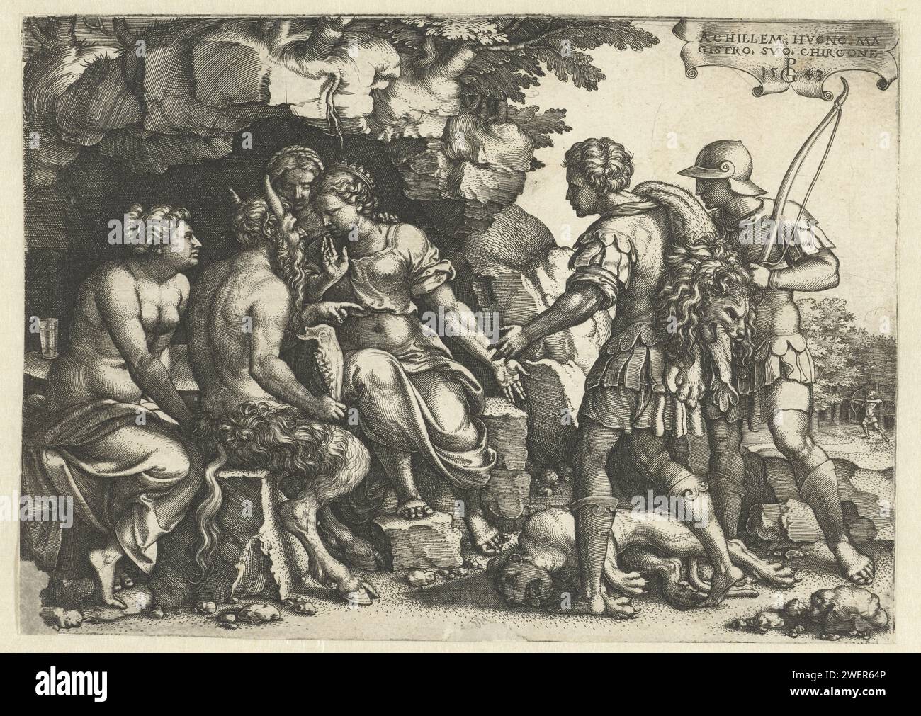 Thetis and Chiron in conversation, Georg Pencz, 1543 print Thetis and the Centaur Chiron in conversation for a cave. Near them is Hercules with a lion skin and Achilles with bow and arch.  paper engraving (story of) Chiron Stock Photo